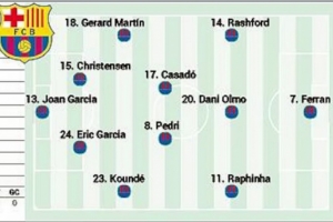 开云中文网-阿斯预测巴萨首发：奥尔莫在列，拉什福德、费兰、拉菲尼亚三叉戟